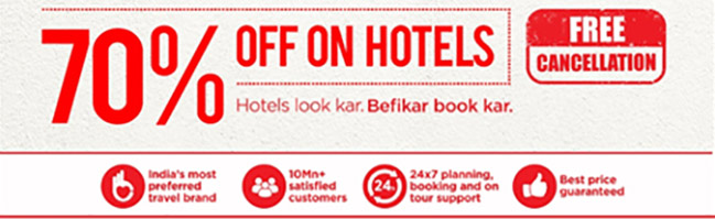 Zero Cancellation Charges and 70% off on Hotels